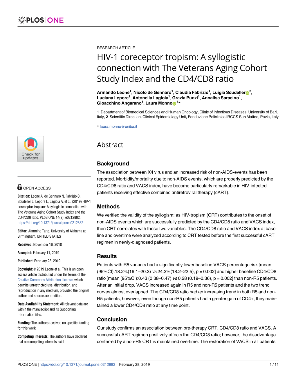 HIV-1 Coreceptor Tropism: a Syllogistic Connection with the Veterans Aging Cohort Study Index and the CD4/CD8 Ratio
