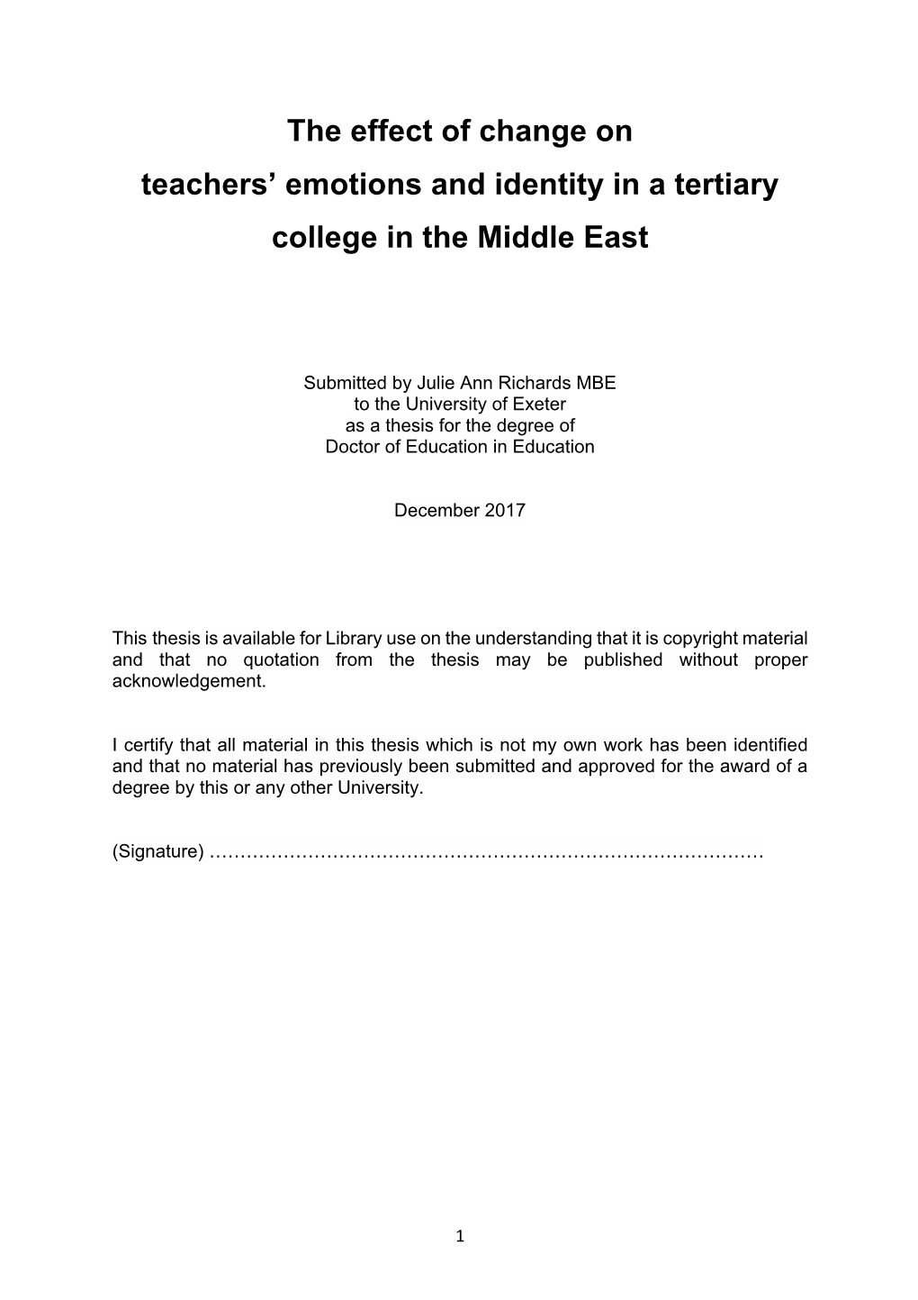 The Effect of Change on Teachers' Emotions and Identity in a Tertiary