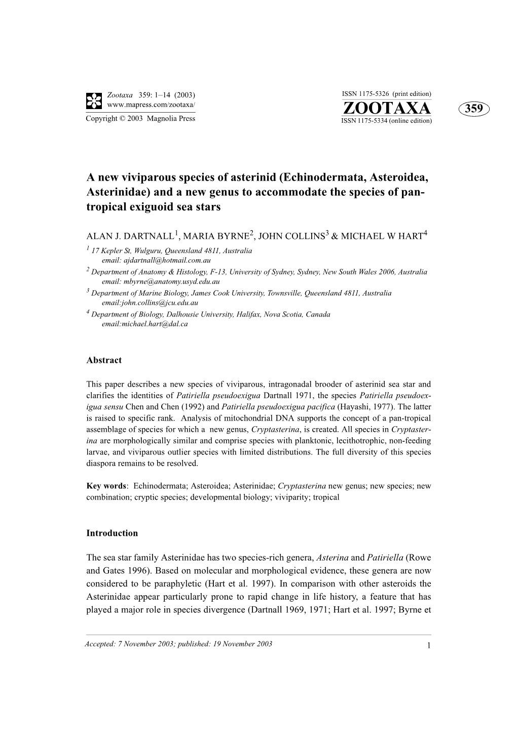 Zootaxa 359: 1–14 (2003) ISSN 1175-5326 (Print Edition) ZOOTAXA 359 Copyright © 2003 Magnolia Press ISSN 1175-5334 (Online Edition)