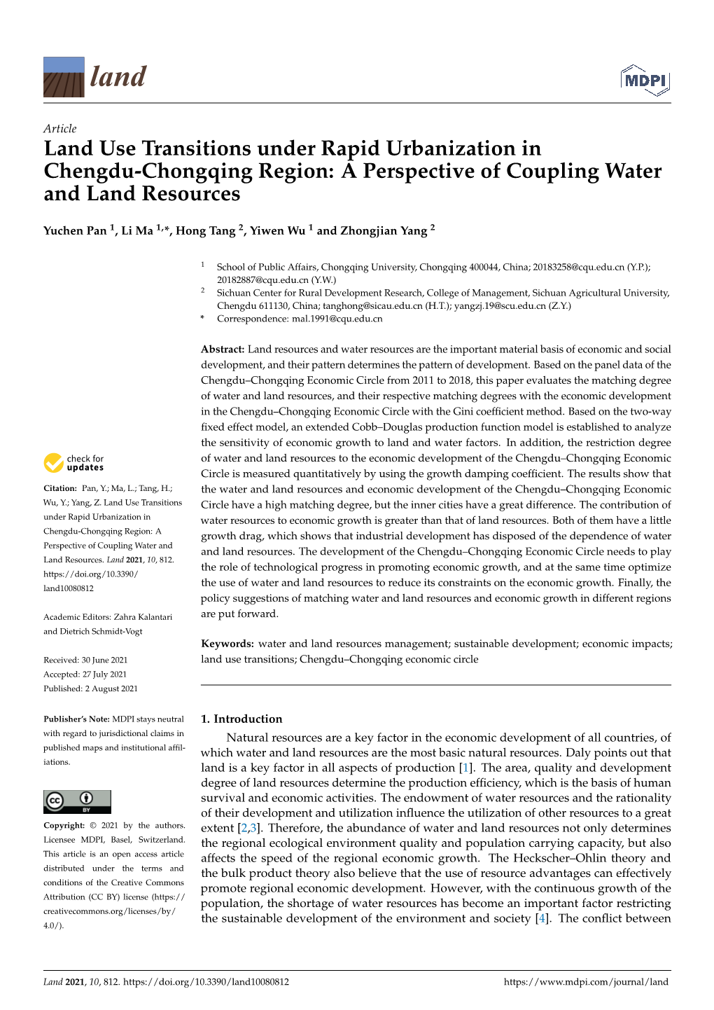 Land Use Transitions Under Rapid Urbanization in Chengdu-Chongqing Region: a Perspective of Coupling Water and Land Resources