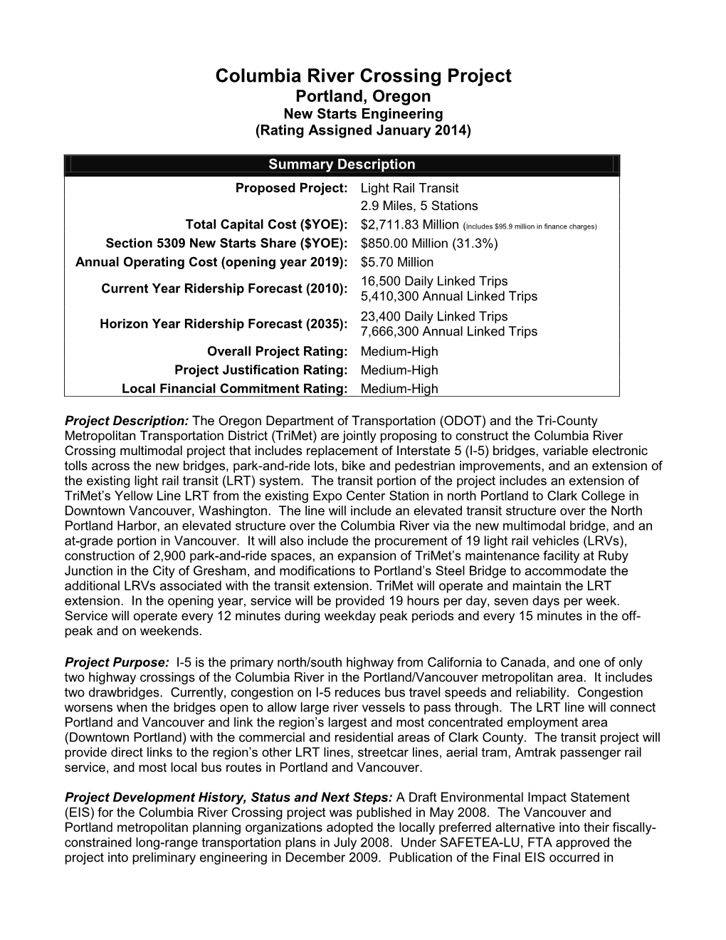 OR, Portland Columbia River Crossing Profile FY15