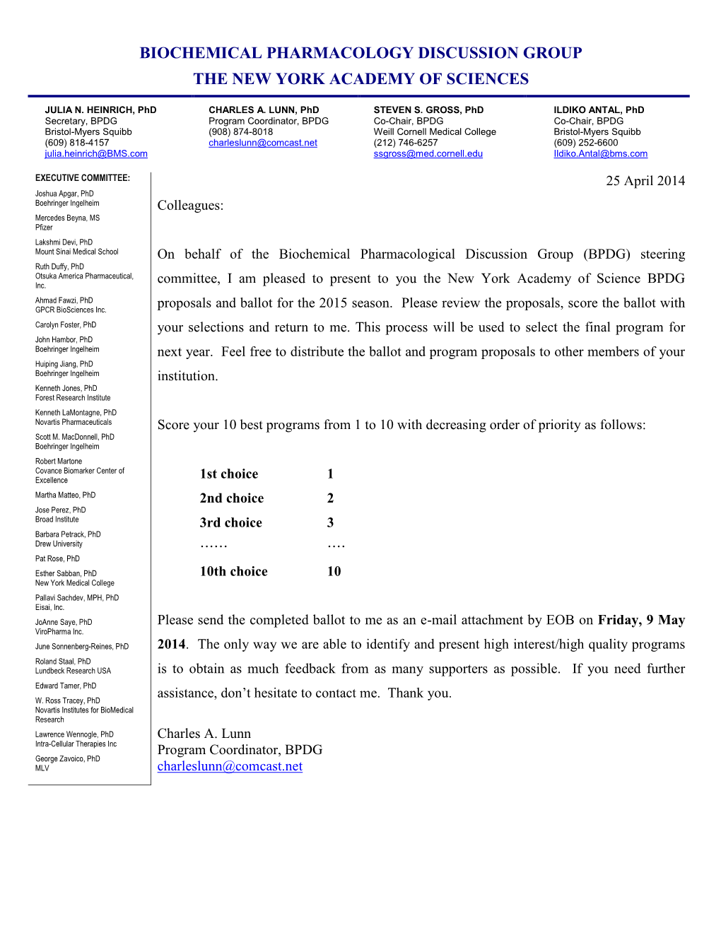 Biochemical Pharmacology Discussion Group the New York Academy of Sciences