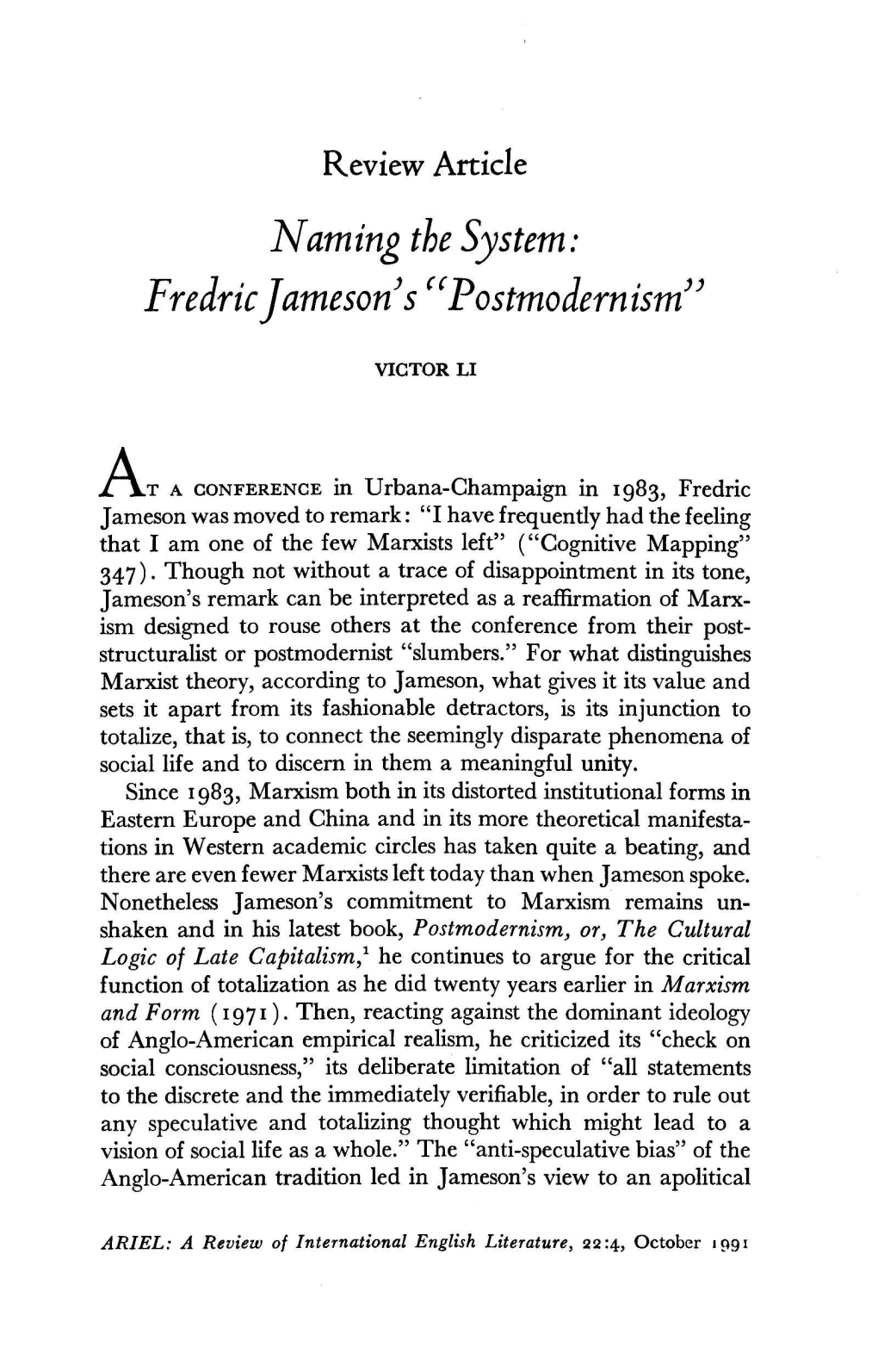 Naming the System: Fredric Jameson Scc Postmodernism