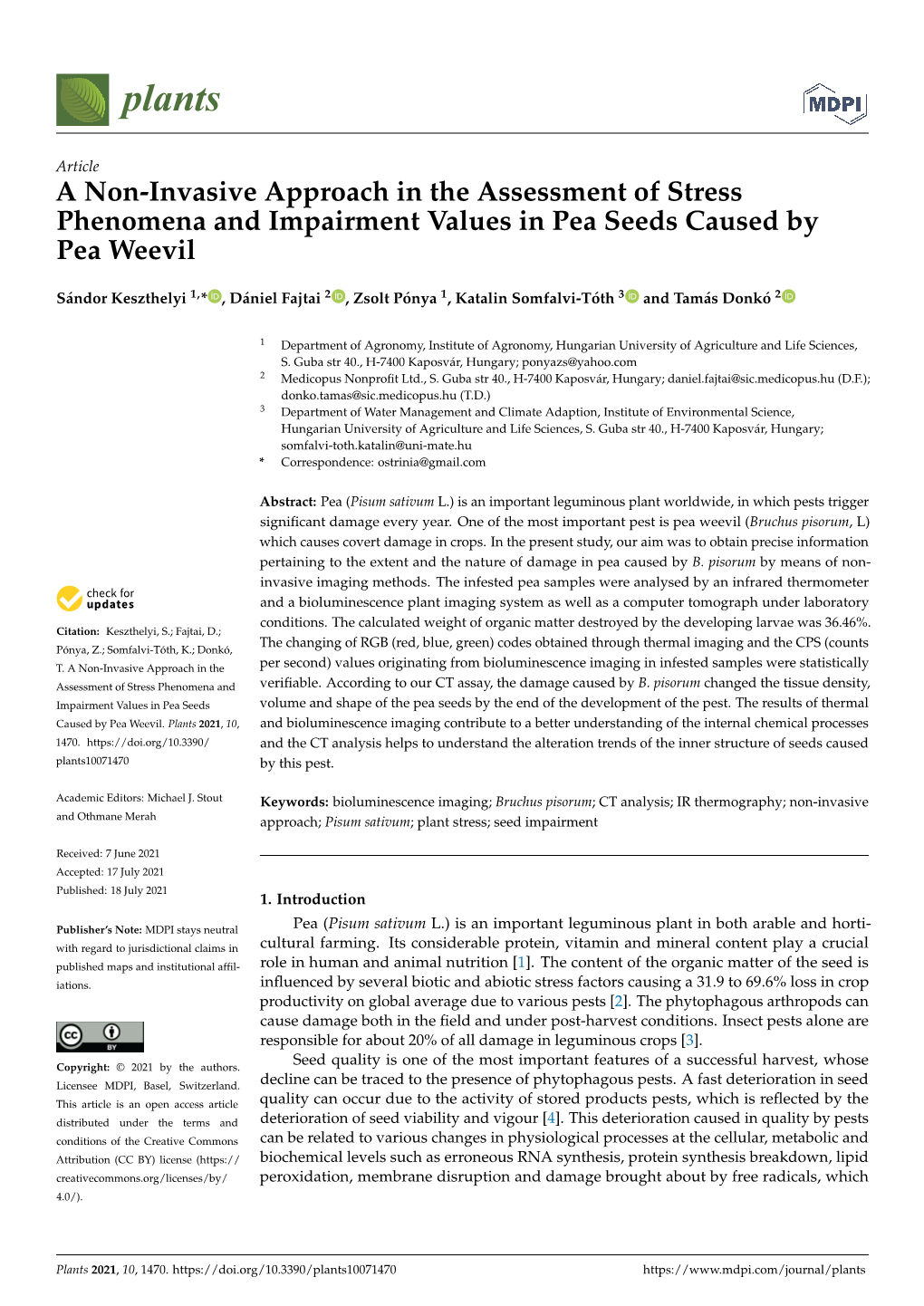 A Non-Invasive Approach in the Assessment of Stress Phenomena and Impairment Values in Pea Seeds Caused by Pea Weevil