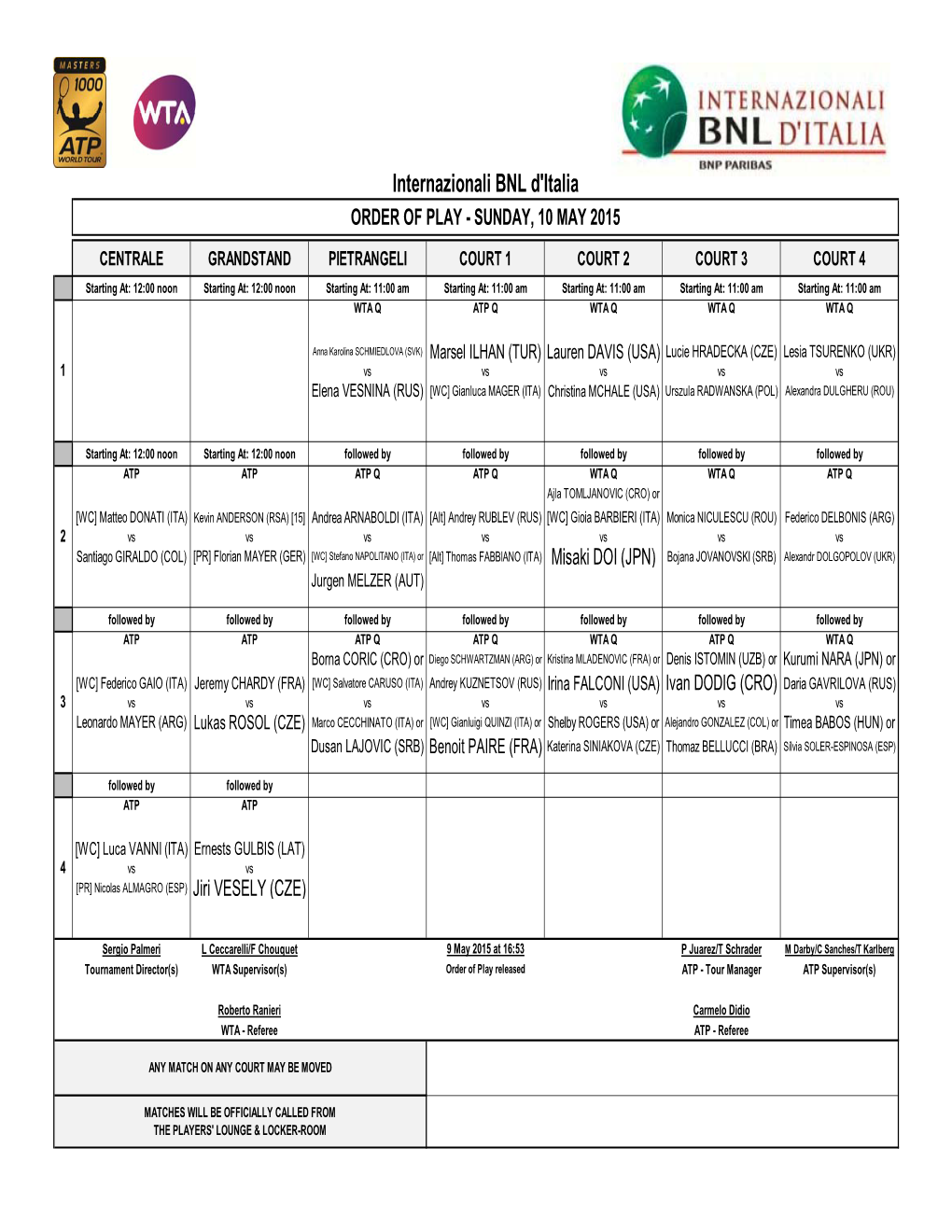 Sunday Order of Play