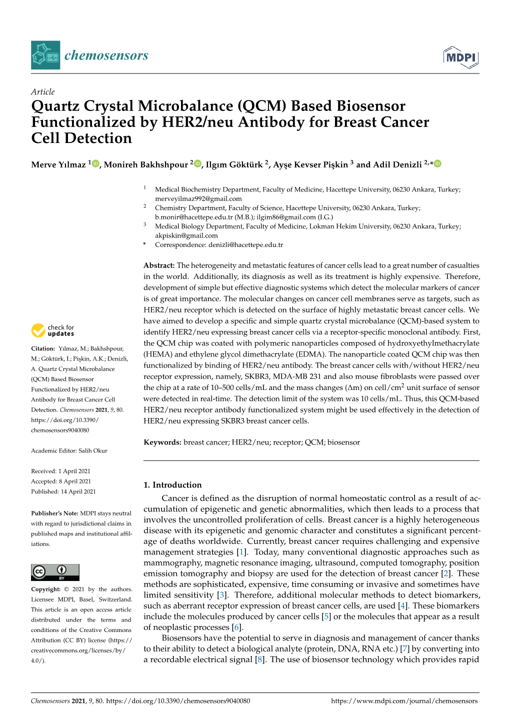 Quartz Crystal Microbalance (QCM) Based Biosensor Functionalized by HER2/Neu Antibody for Breast Cancer Cell Detection