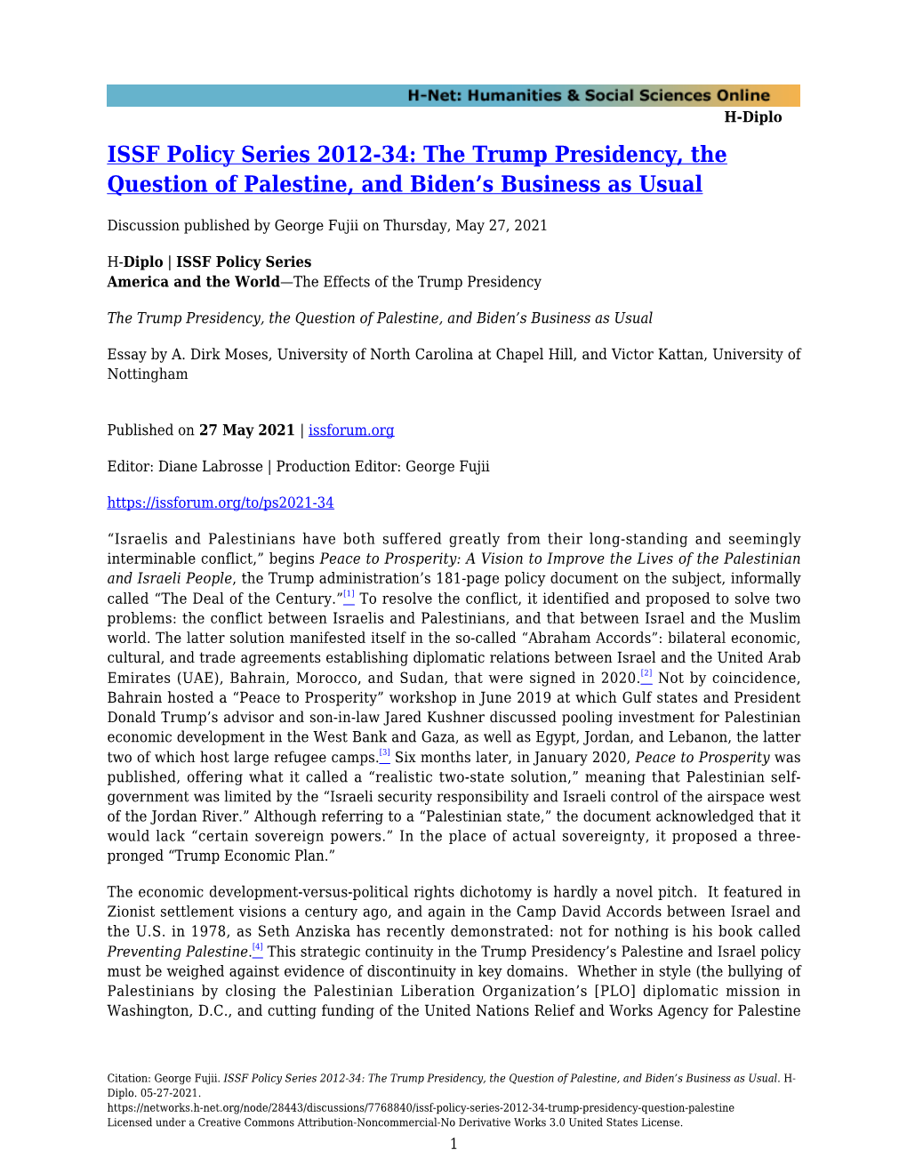 ISSF Policy Series 2012-34: the Trump Presidency, the Question of Palestine, and Biden’S Business As Usual