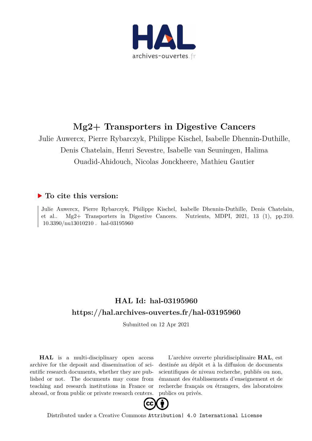 Mg2+ Transporters in Digestive Cancers