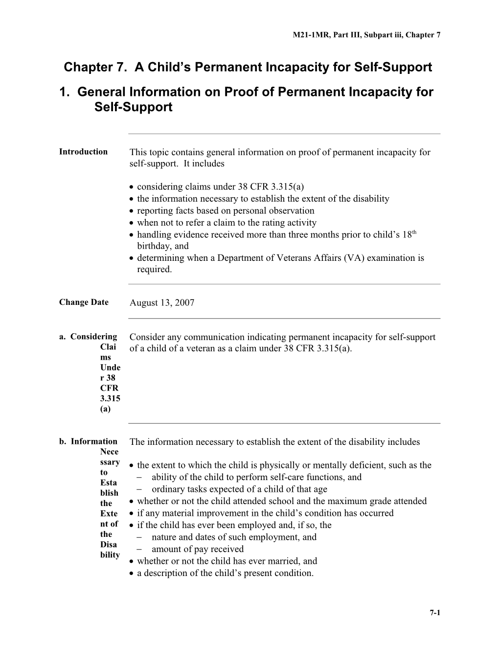 Part III, Subpart Iii, Chapter 7. a Child S Incapacity for Self-Support