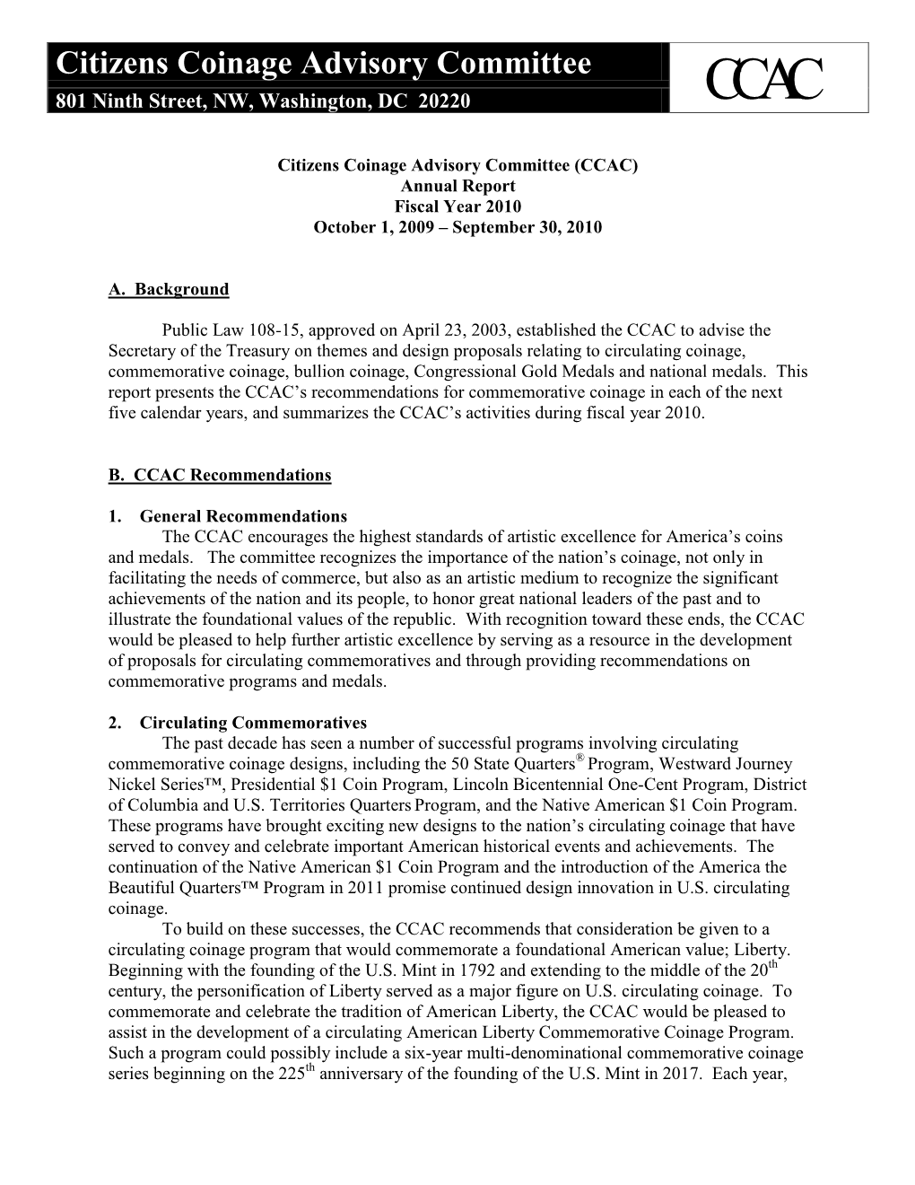 2010 Annual Report and Recommendations for Commemorative Coin Programs for the Next Five Calendar Years