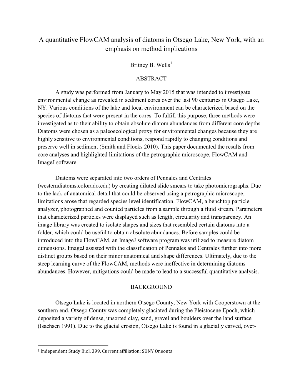 A Quantitative Flowcam Analysis of Diatoms in Otsego Lake, New York, with an Emphasis on Method Implications