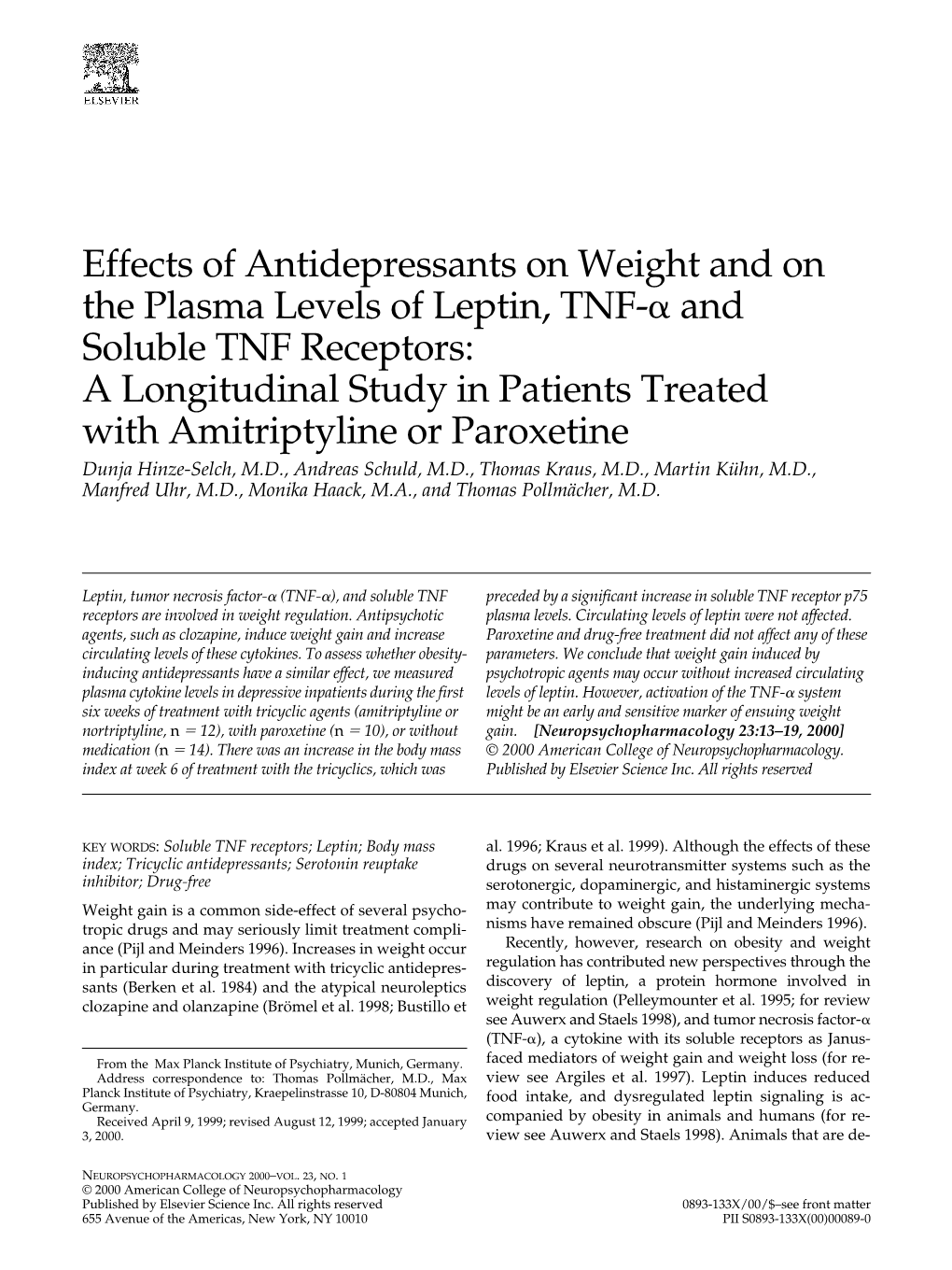 Effects of Antidepressants on Weight and on the Plasma Levels of Leptin