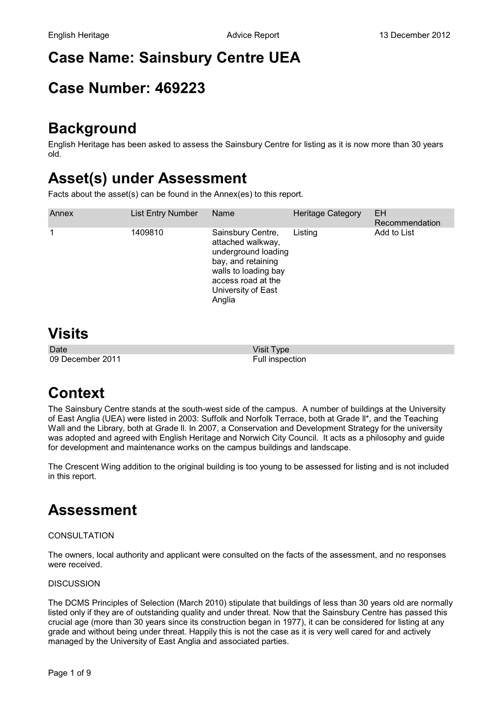 Sainsbury Centre UEA Case Number