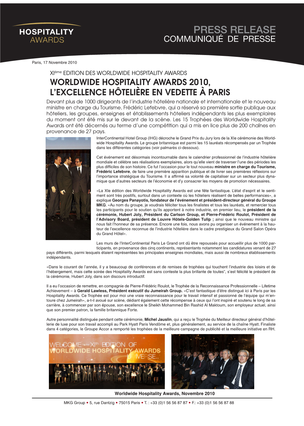 Worldwide Hospitality Awards 2010, L'excellence Hôtelière En Vedette À