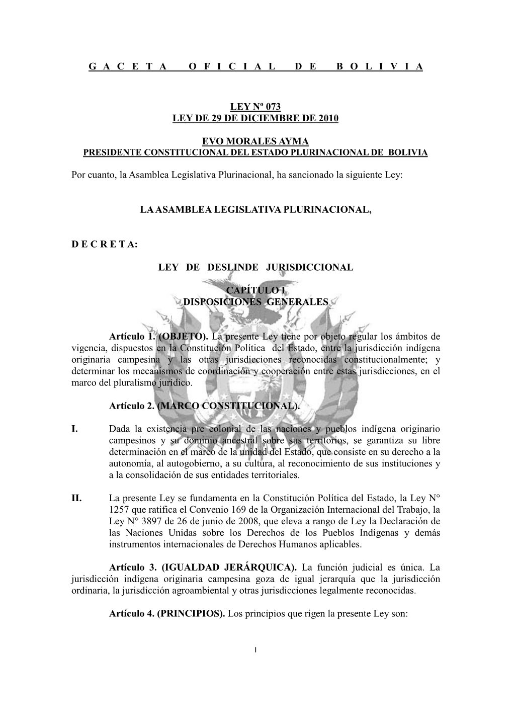 Ley Nº 073 Ley De 29 De Diciembre De 2010 Evo Morales Ayma