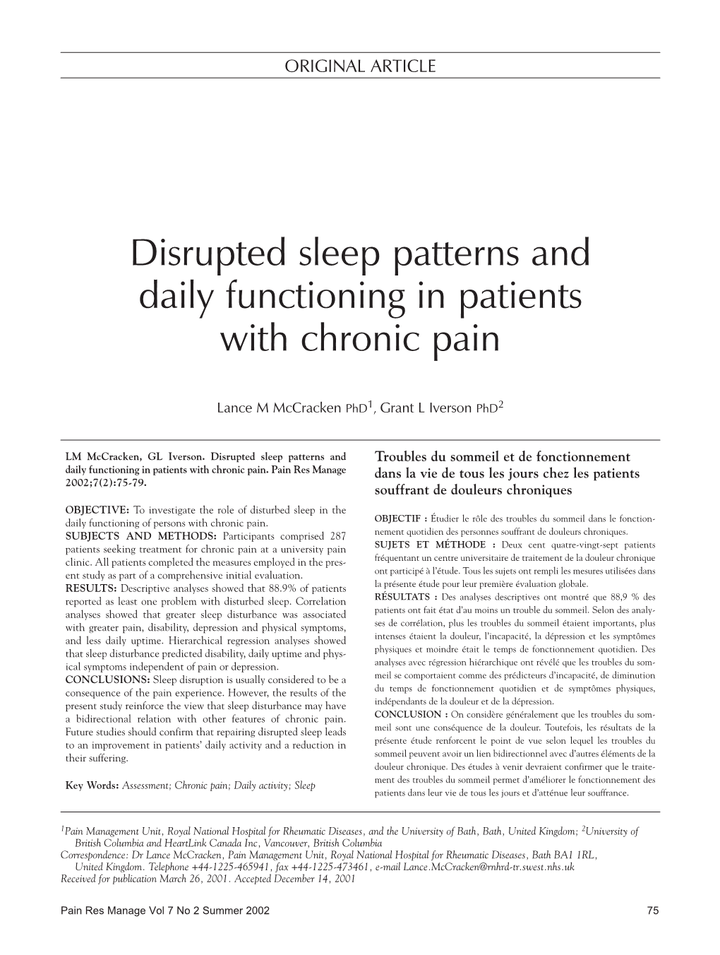 Disrupted Sleep Patterns and Daily Functioning in Patients with Chronic Pain