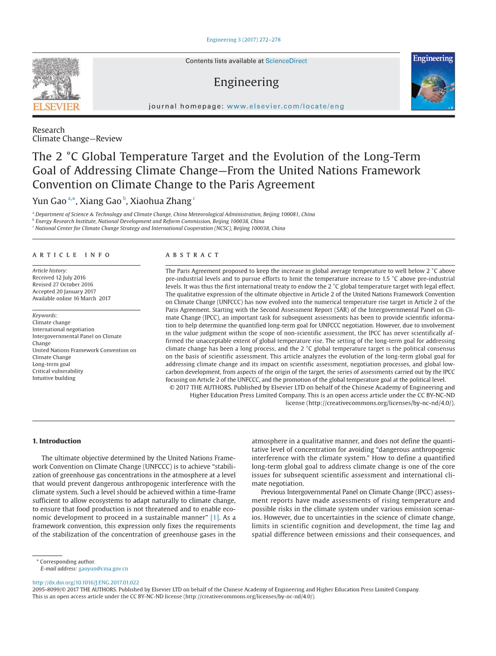 The 2 °C Global Temperature Target and the Evolution of the Long-Term