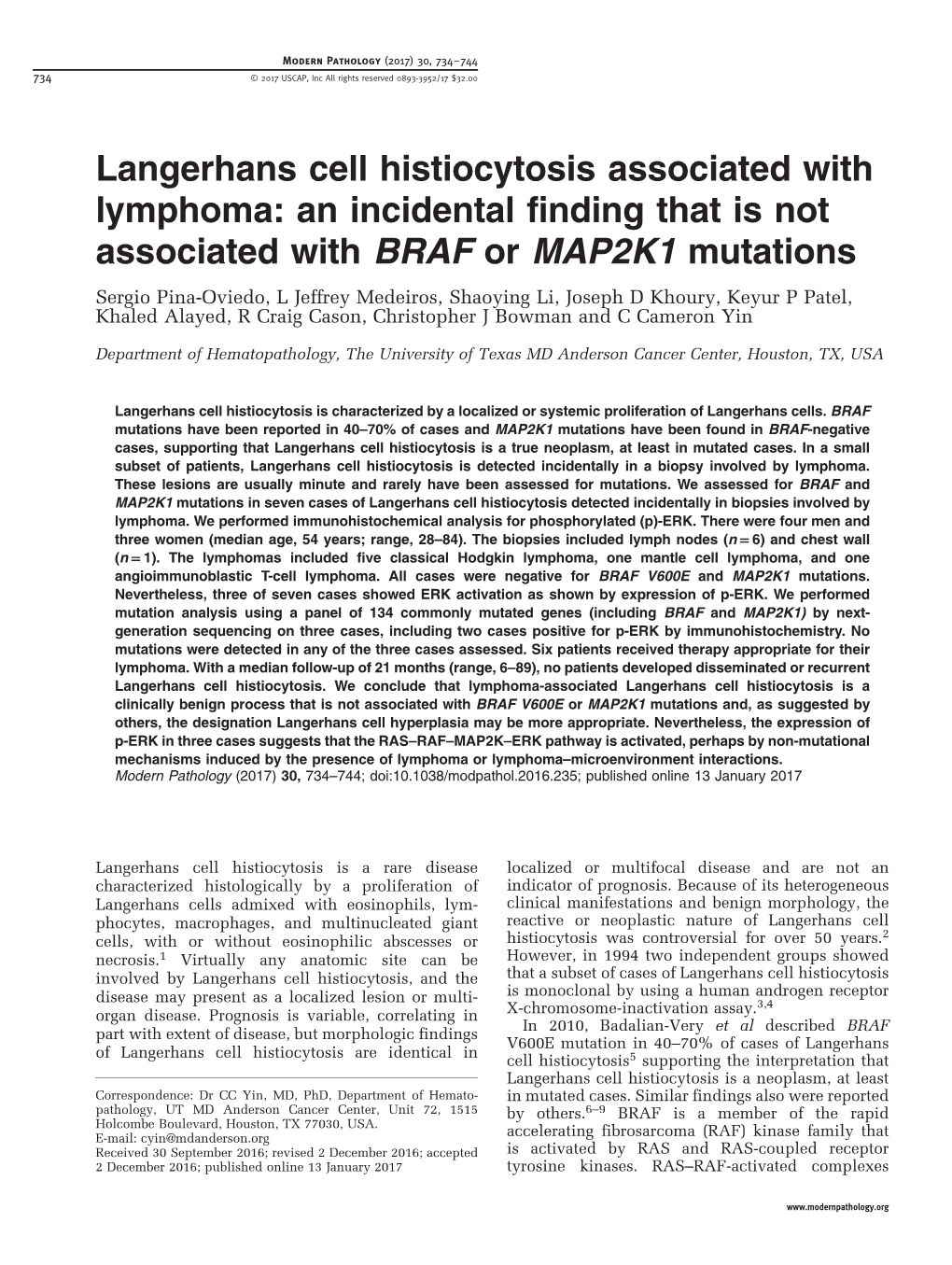 Langerhans Cell Histiocytosis Associated with Lymphoma: an Incidental Finding That Is Not Associated with BRAF Or MAP2K1 Mutatio