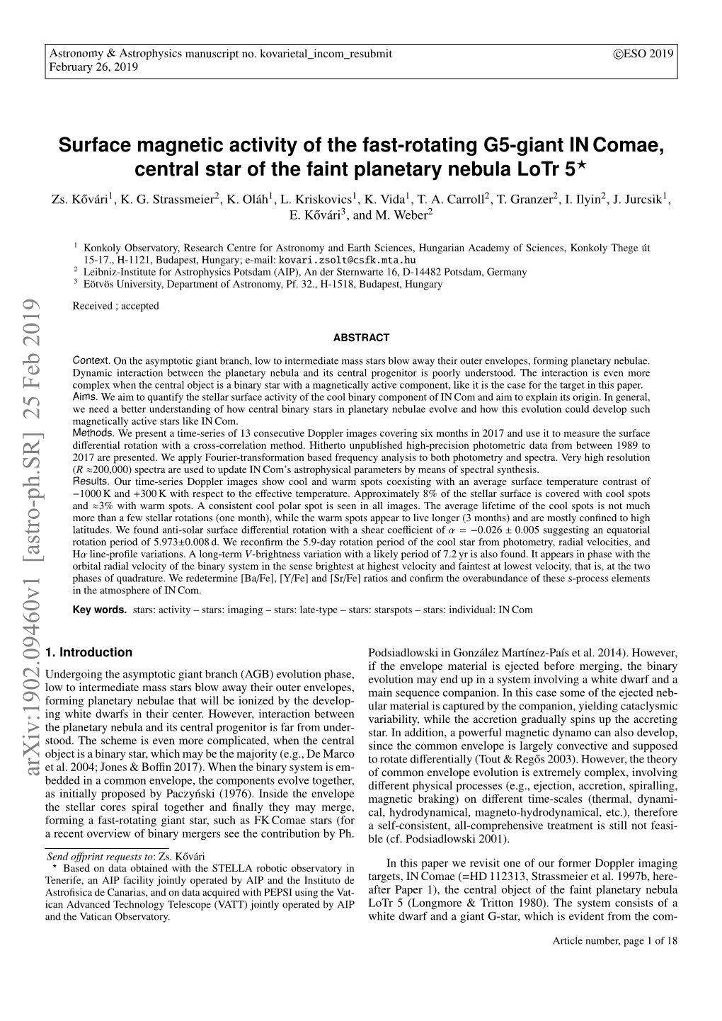 Arxiv:1902.09460V1 [Astro-Ph.SR] 25 Feb 2019