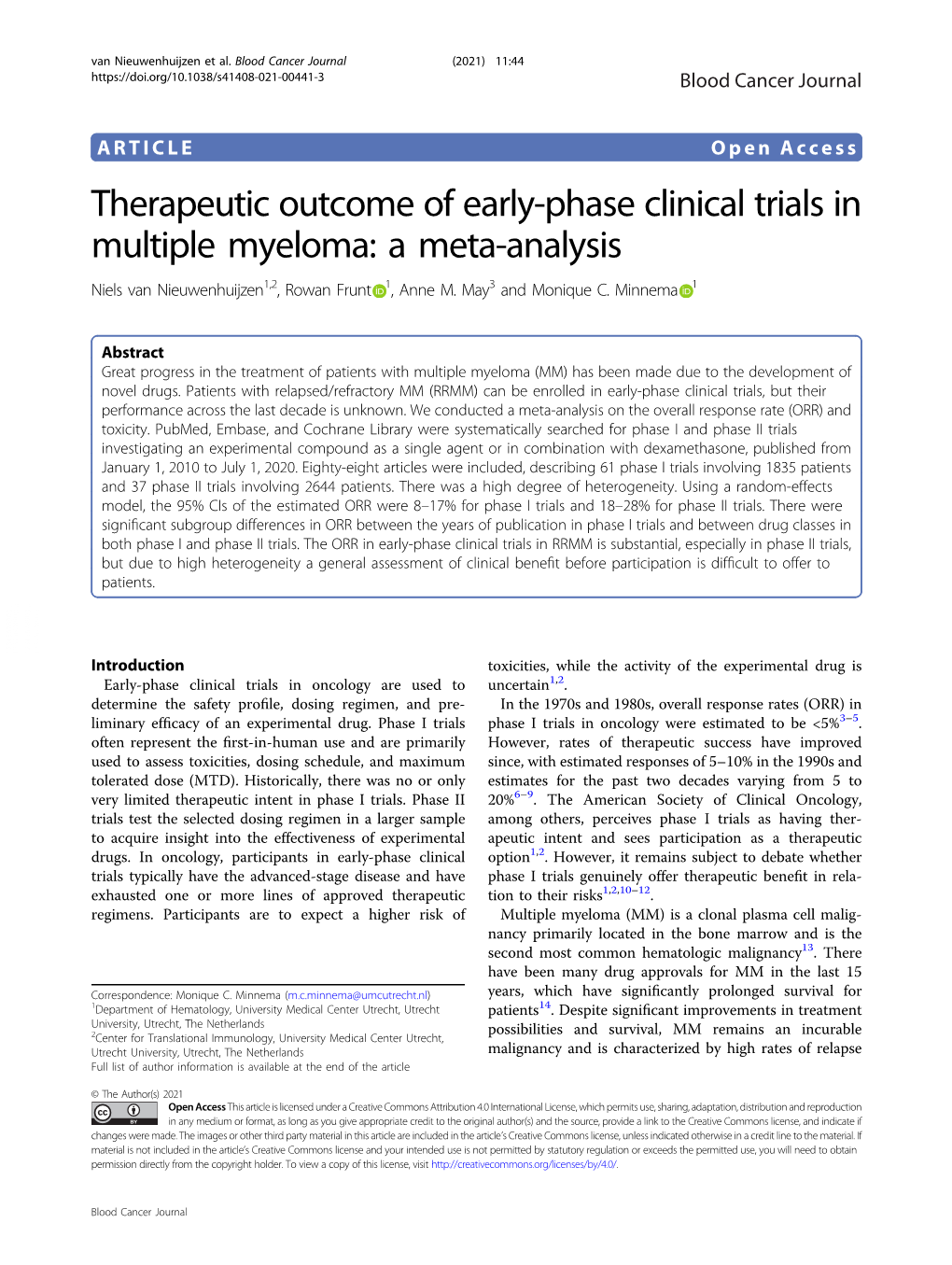 Therapeutic Outcome of Early-Phase Clinical Trials in Multiple Myeloma: a Meta-Analysis Niels Van Nieuwenhuijzen1,2,Rowanfrunt 1, Anne M