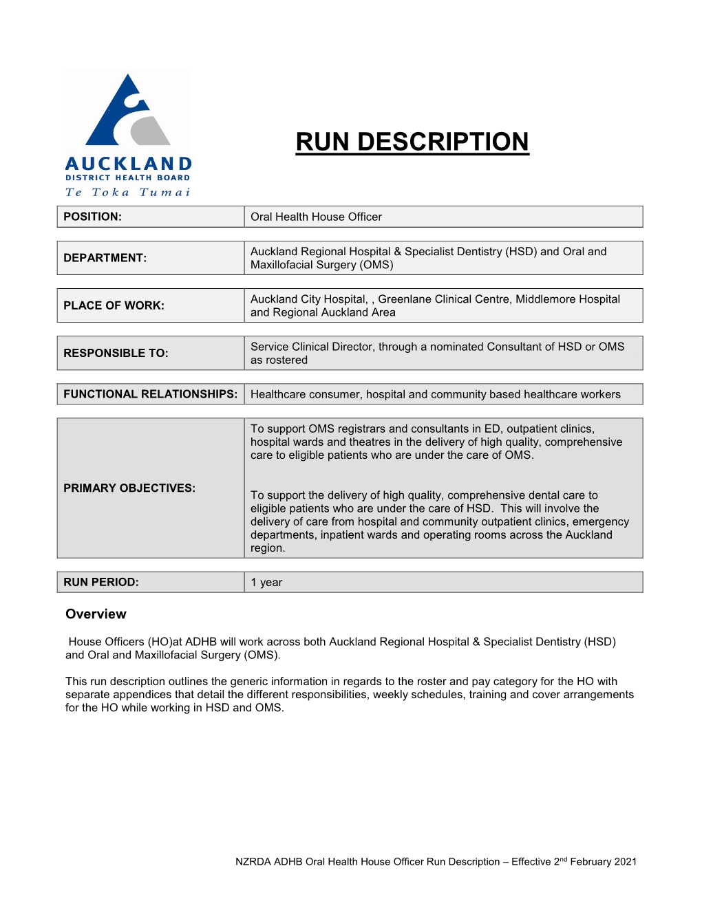 ADHB Oral Health House Officer Run Description – Effective 2Nd February 2021