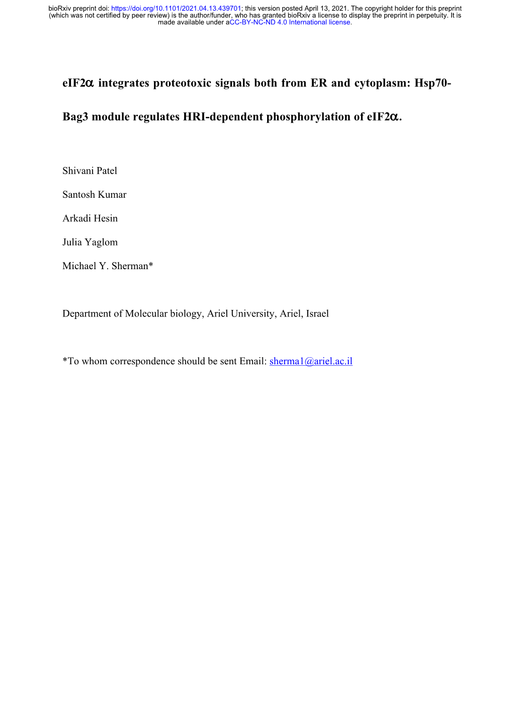 Hsp70-Bag3 Module Regulates HRI-Dependent Phosphorylation of E