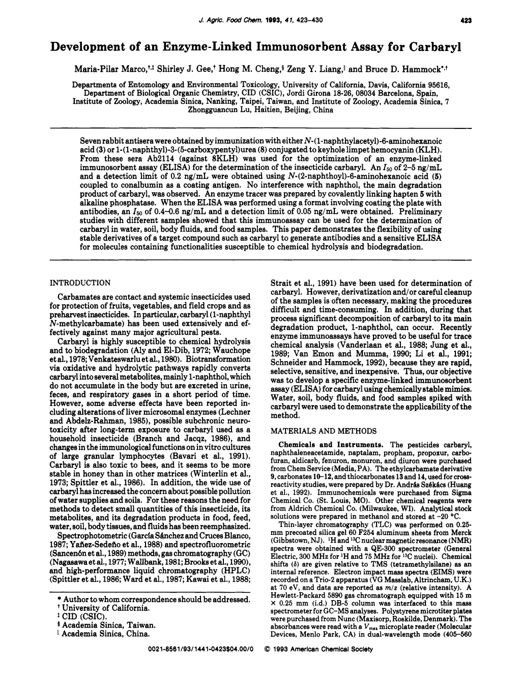 Development of an Enzyme-Linked Immunosorbent Assay for Carbaryl