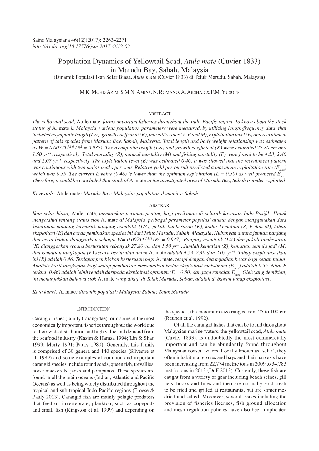 Population Dynamics of Yellowtail Scad, Atule Mate