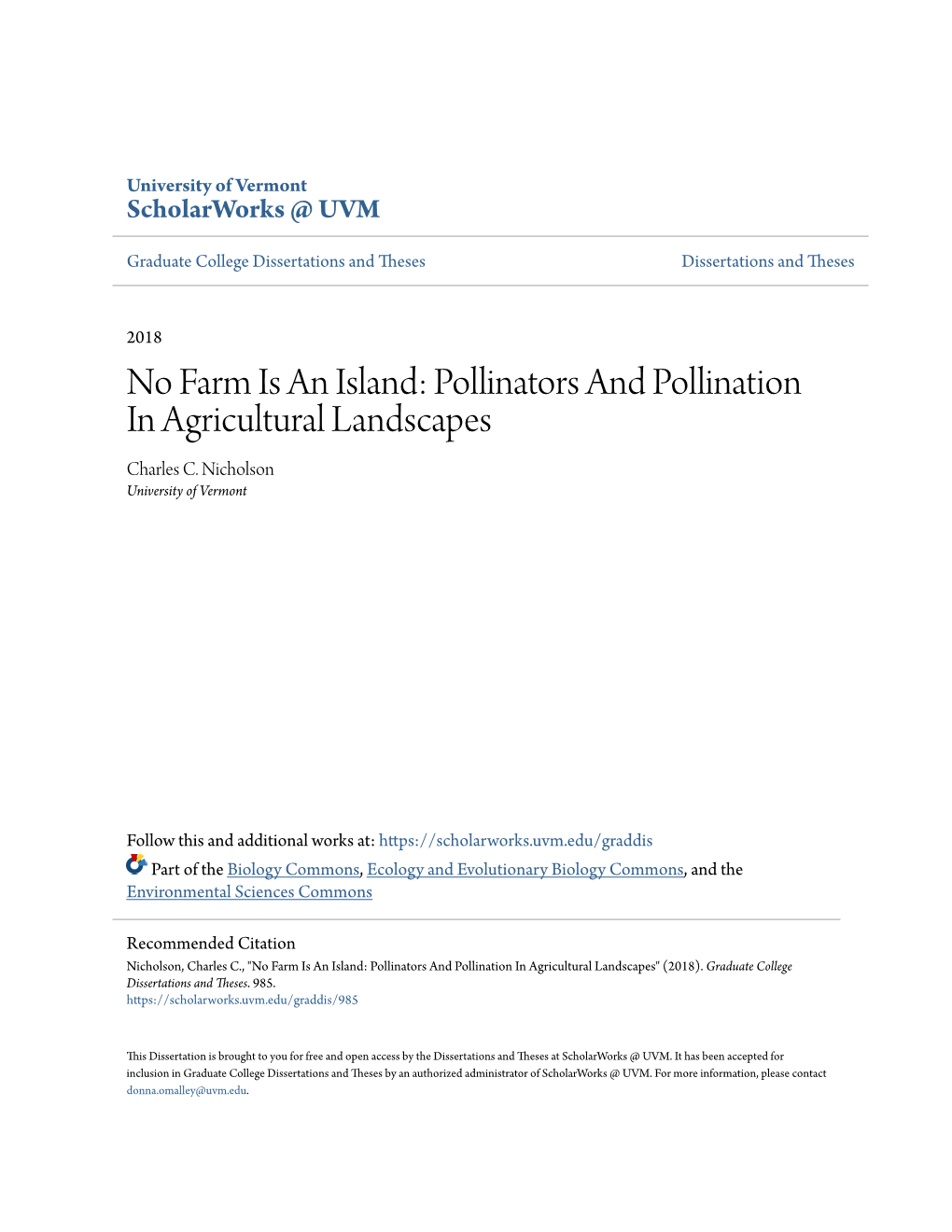 Pollinators and Pollination in Agricultural Landscapes Charles C