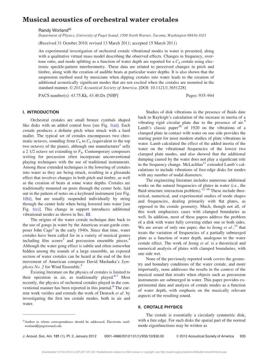 Musical Acoustics of Orchestral Water Crotales