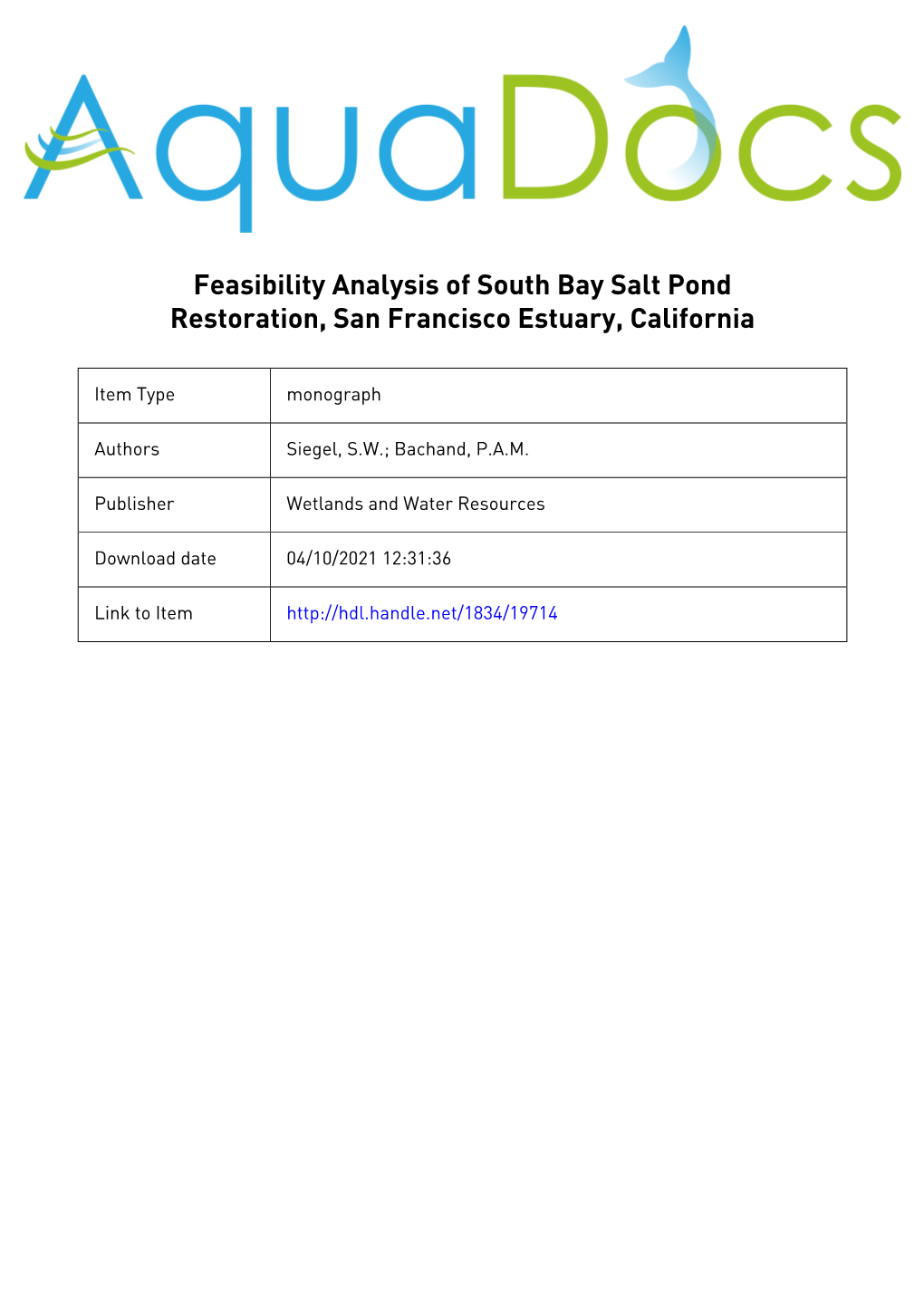 South Bay Salt Pond Restoration Feasibility Analysis