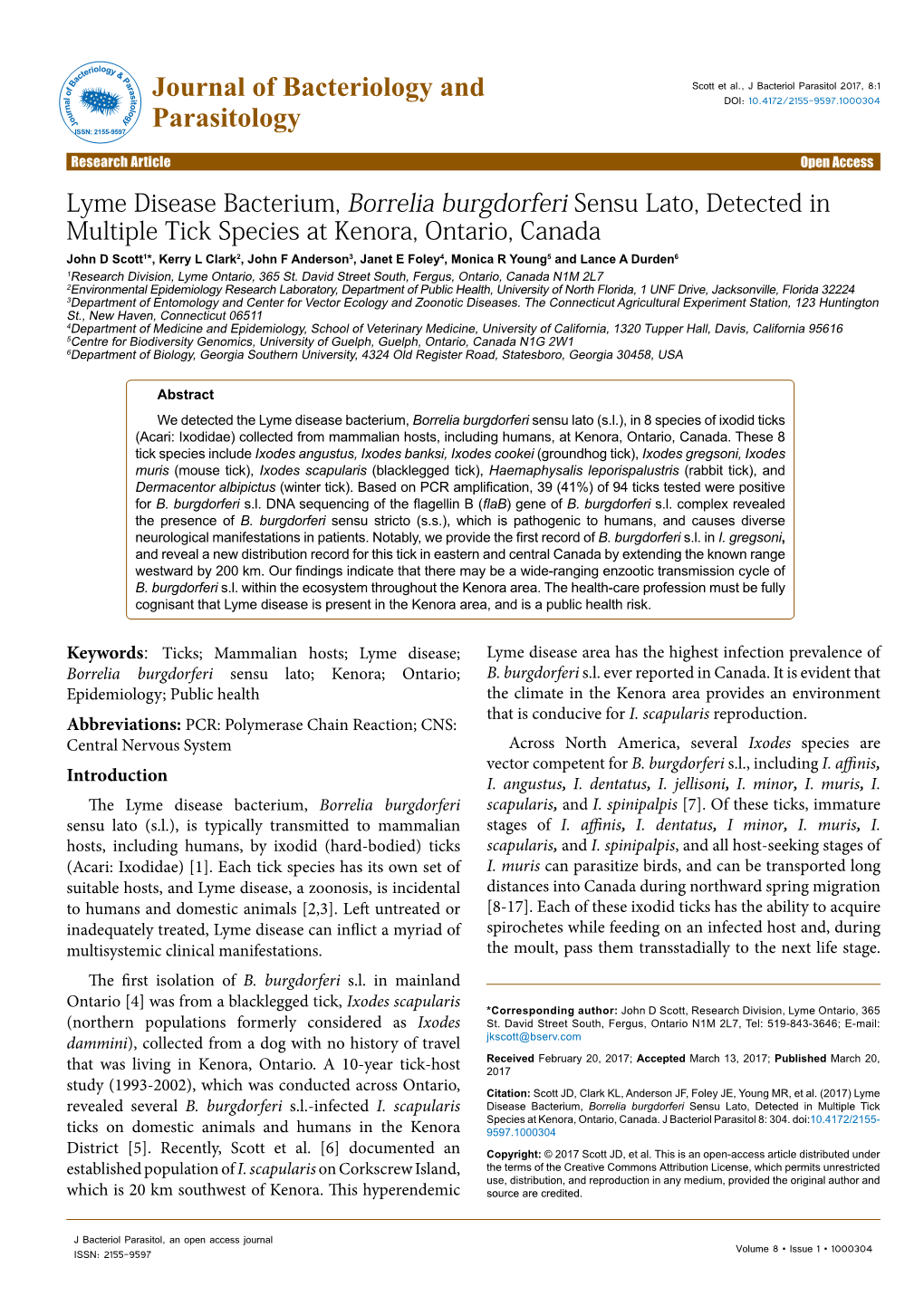 Lyme Disease Bacterium, Borrelia Burgdorferi Sensu Lato, Detected In