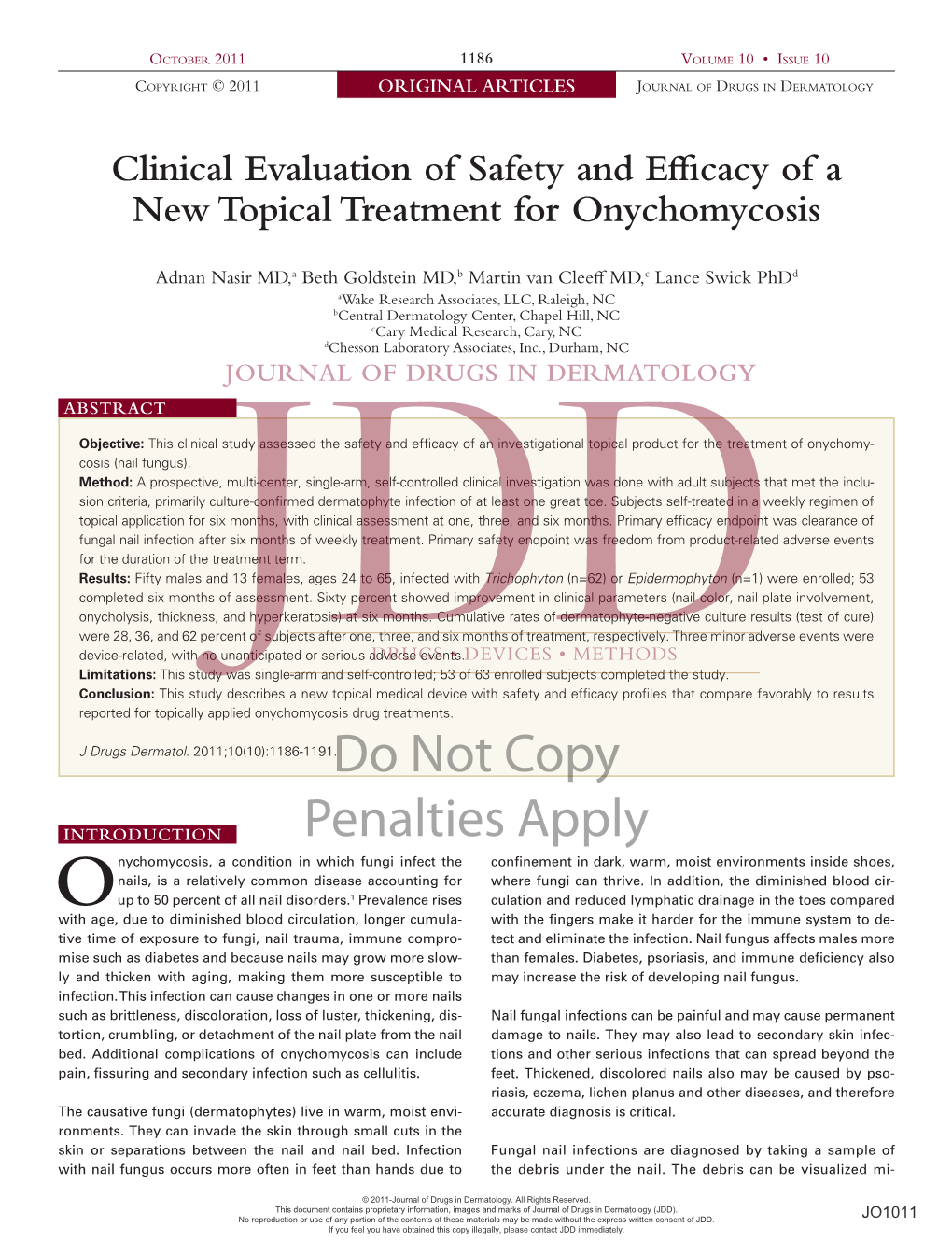 Clinical Evaluation of Safety and Efficacy of a New Topical Treatment for Onychomycosis