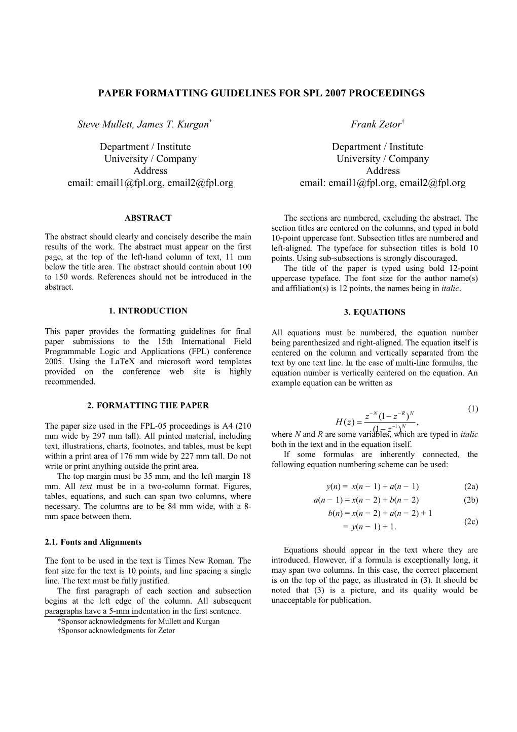 Paper Formatting Guidelines for FPL 2005 Proceedings