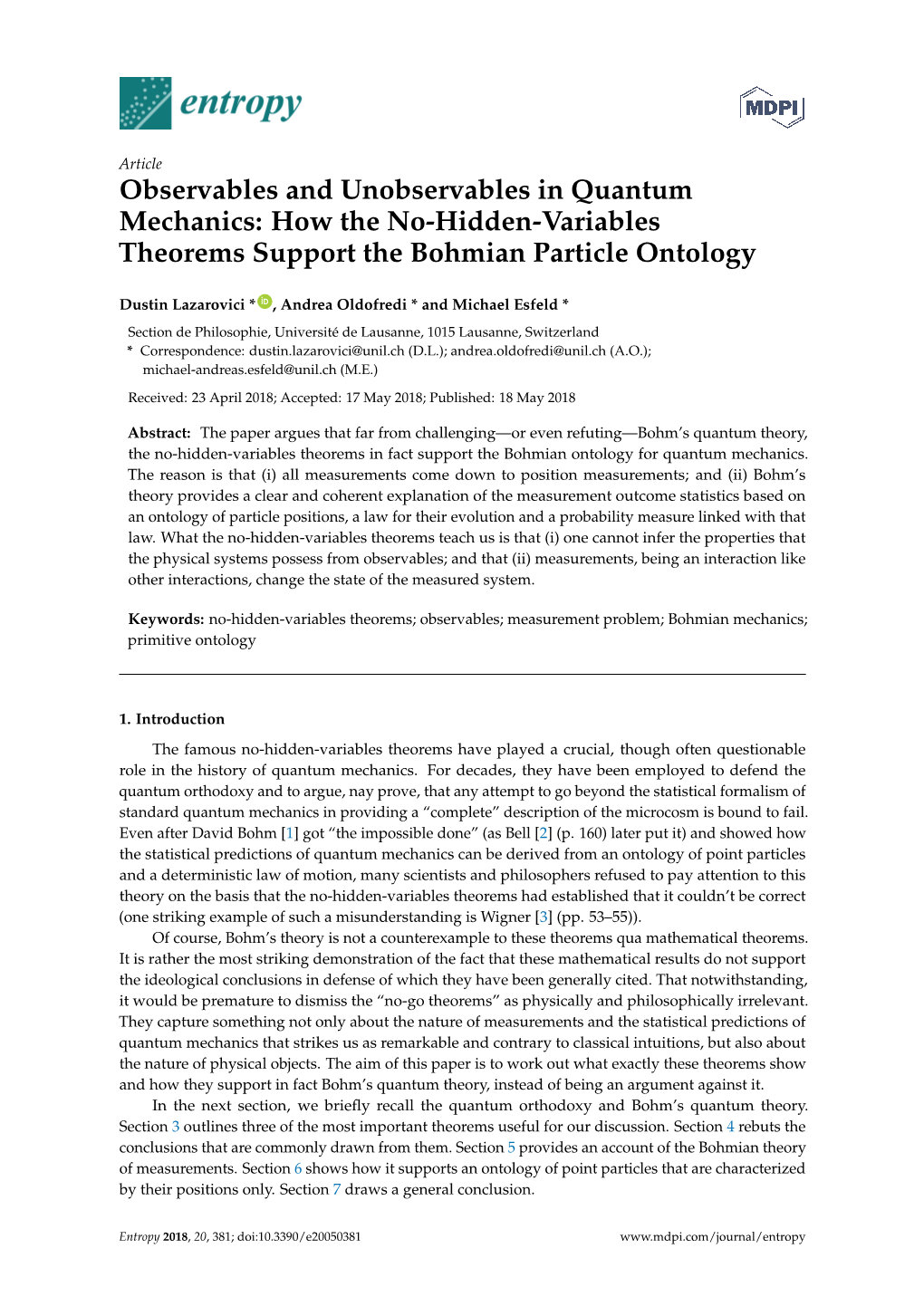 Observables and Unobservables in Quantum Mechanics: How the No-Hidden-Variables Theorems Support the Bohmian Particle Ontology