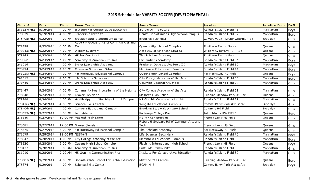 2015 Schedule for VARSITY SOCCER (DEVELOPMENTAL)