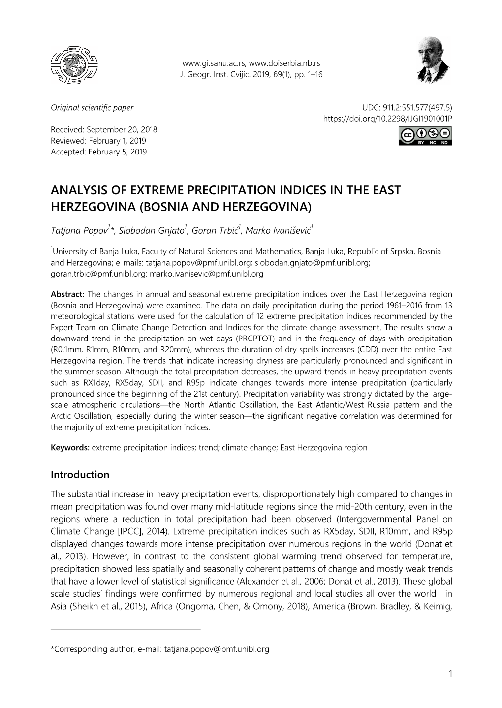 Analysis of Extreme Precipitation Indices in the East Herzegovina (Bosnia and Herzegovina)