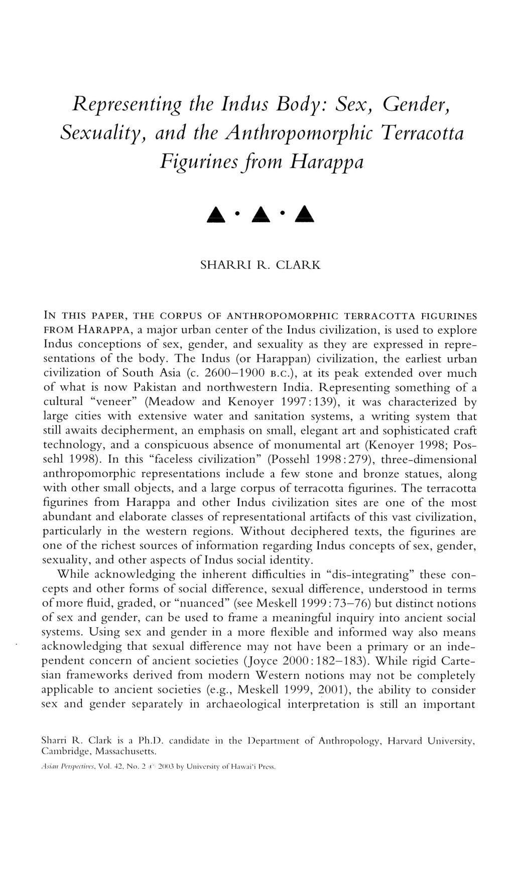 Representing the Indus Body: Sex, Gender, Sexuality, and the Anthropomorphic Terracotta Figurines from Harappa