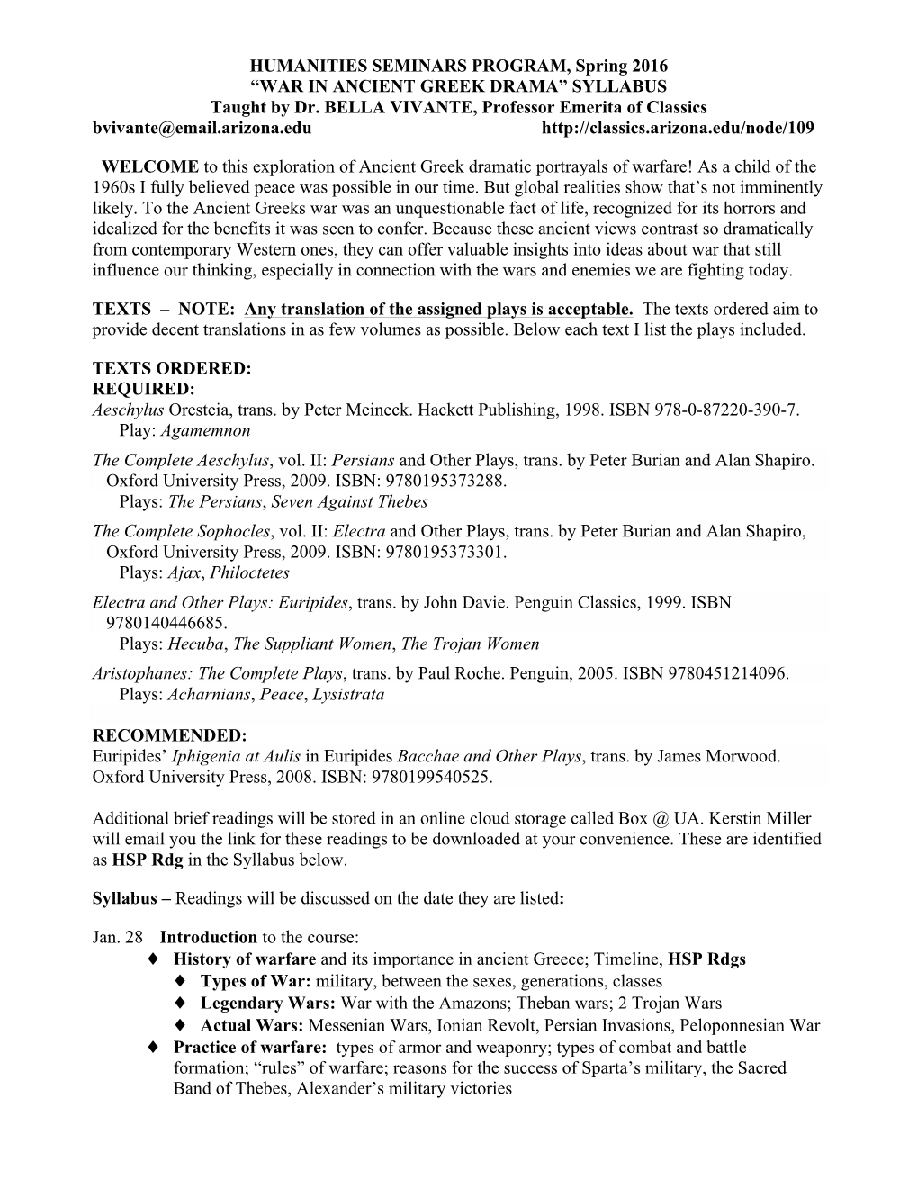 “WAR in ANCIENT GREEK DRAMA” SYLLABUS Taught by Dr