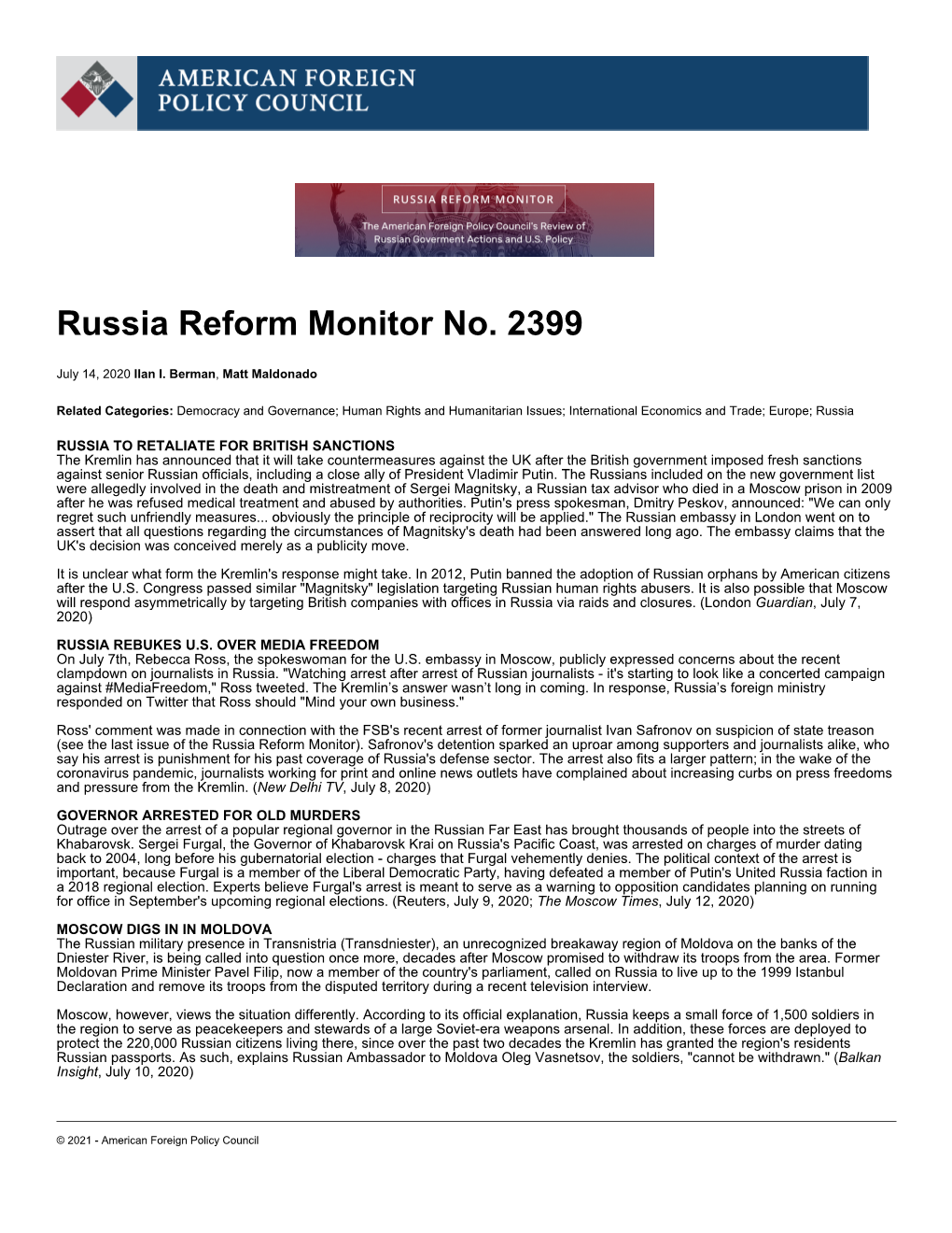 Russia Reform Monitor No. 2399 | American Foreign Policy Council