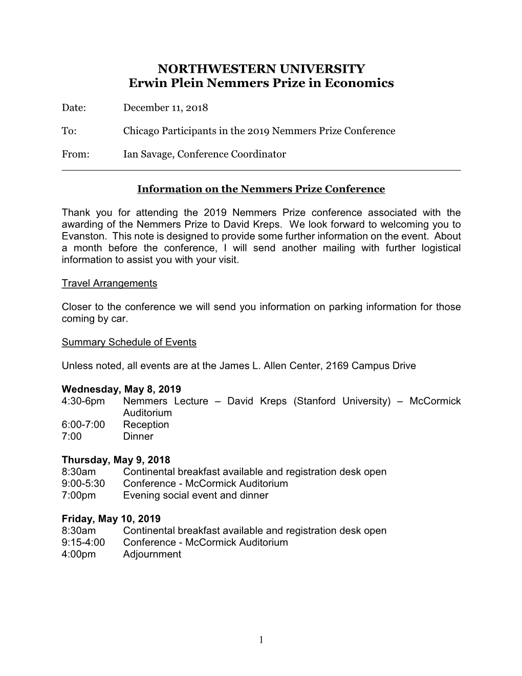 NORTHWESTERN UNIVERSITY Erwin Plein Nemmers Prize in Economics