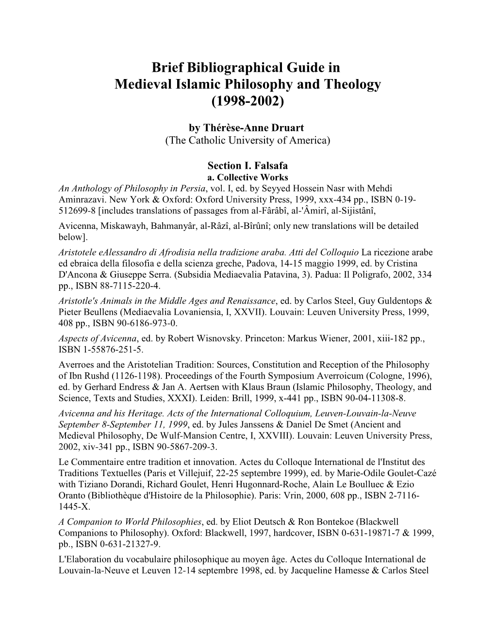 Brief Bibliographic Guide in Medieval Islamic Philosophy and Theology