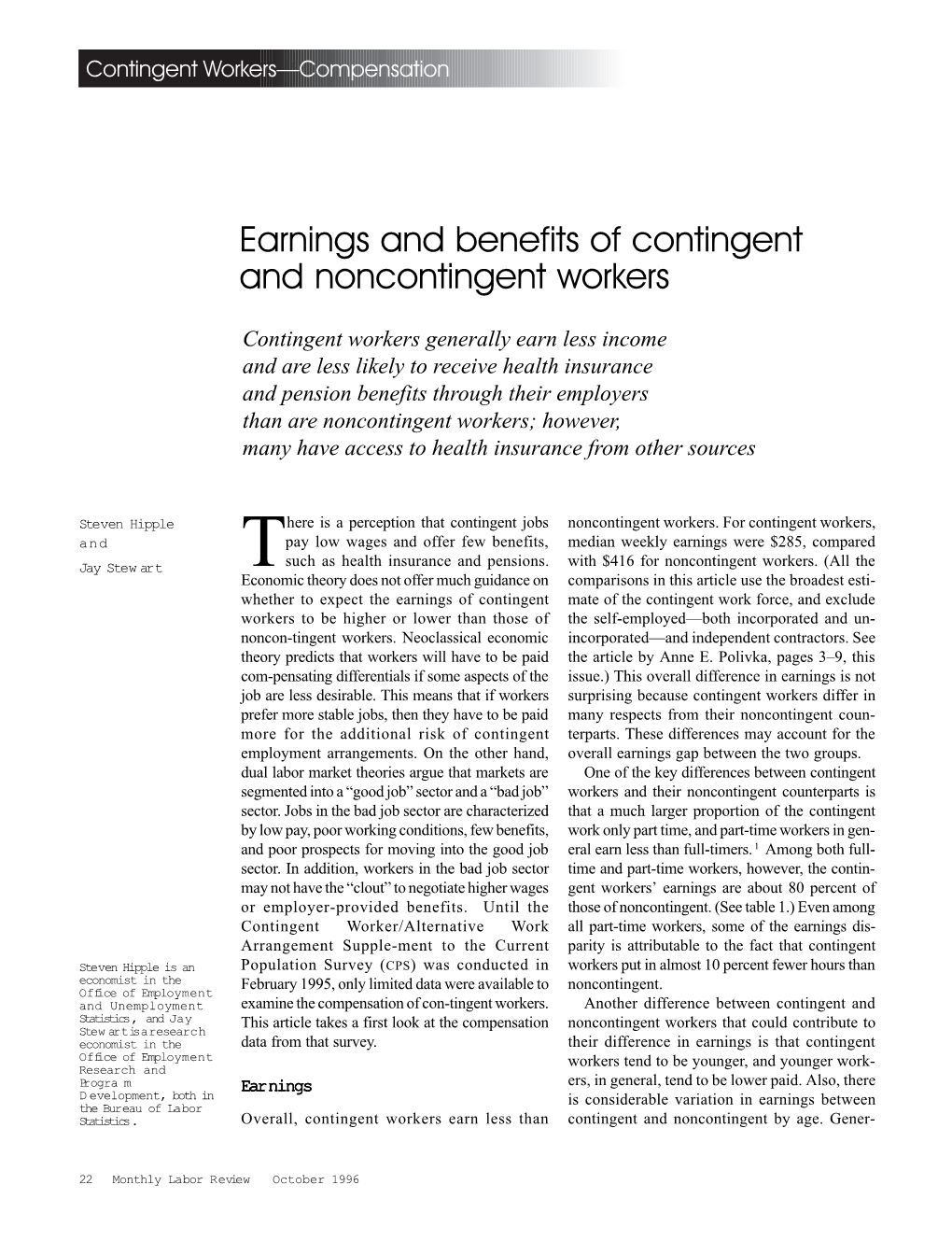 Earnings and Benefits of Contingent and Noncontingent Workers