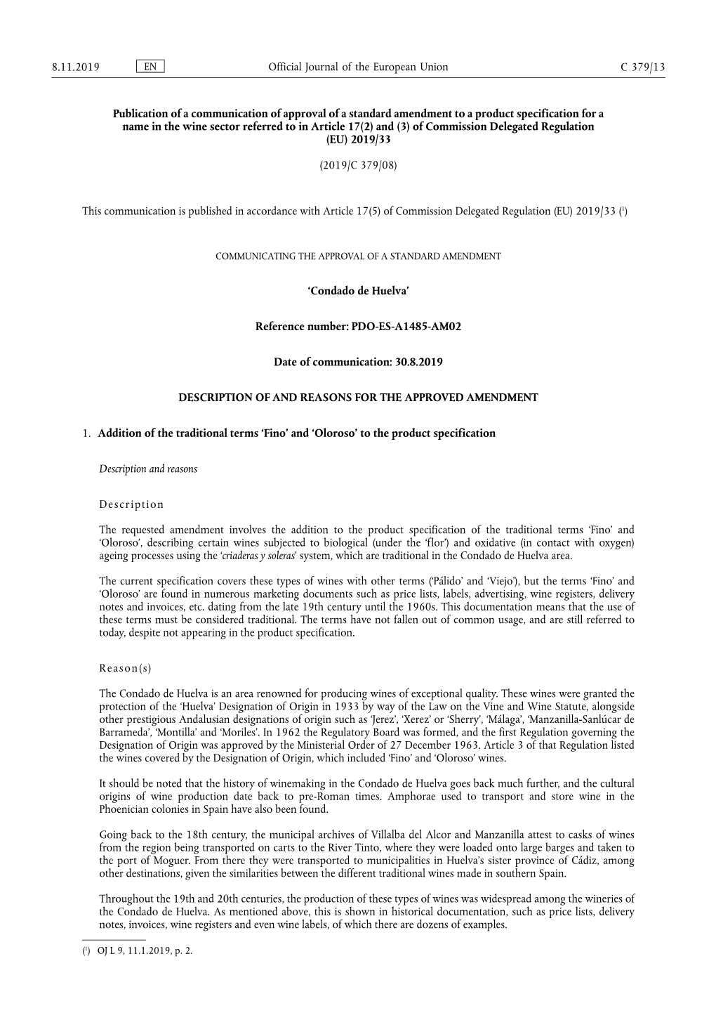 Publication of a Communication of Approval of a Standard Amendment