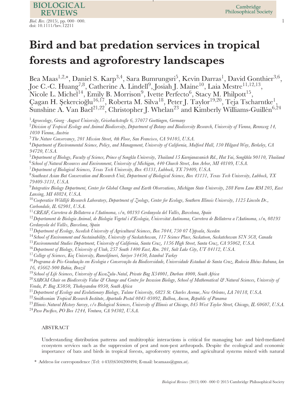 Bird and Bat Predation Services in Tropical Forests and Agroforestry Landscapes