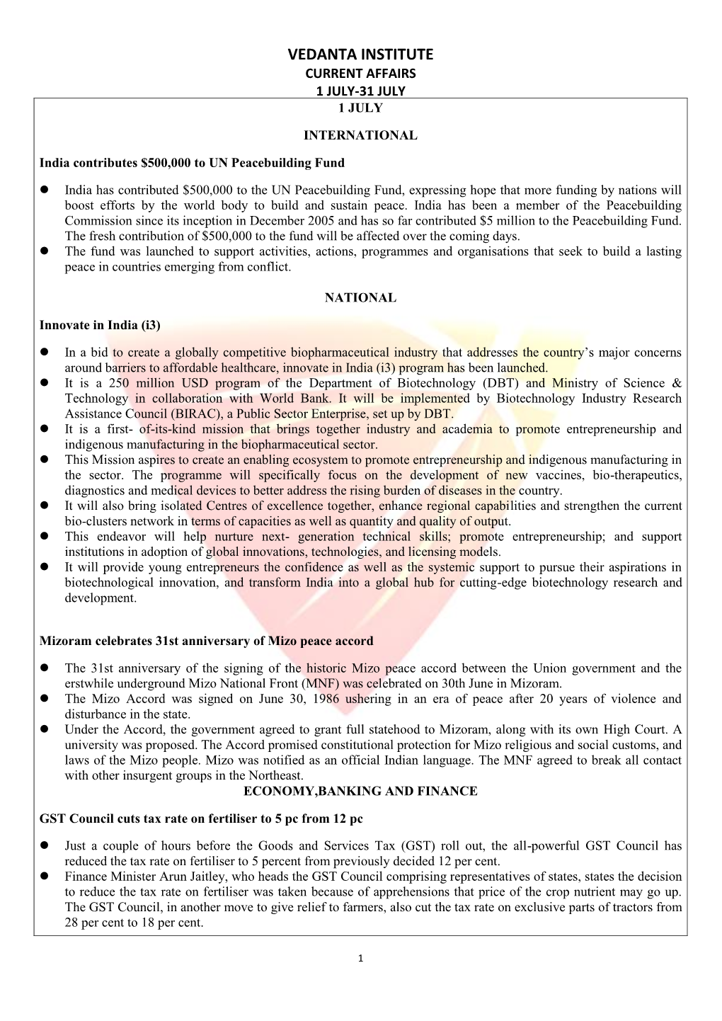 Vedanta Institute Current Affairs 1 July-31 July 1 July