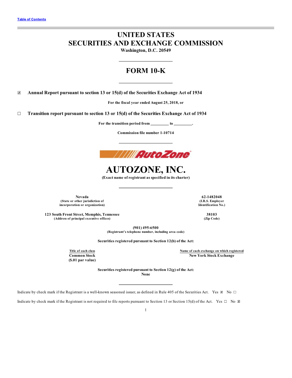 AUTOZONE, INC. (Exact Name of Registrant As Specified in Its Charter)