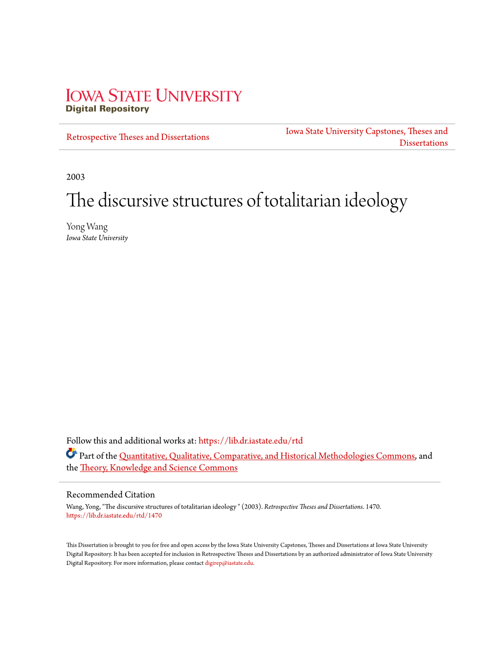 The Discursive Structures of Totalitarian Ideology Yong Wang Iowa State University