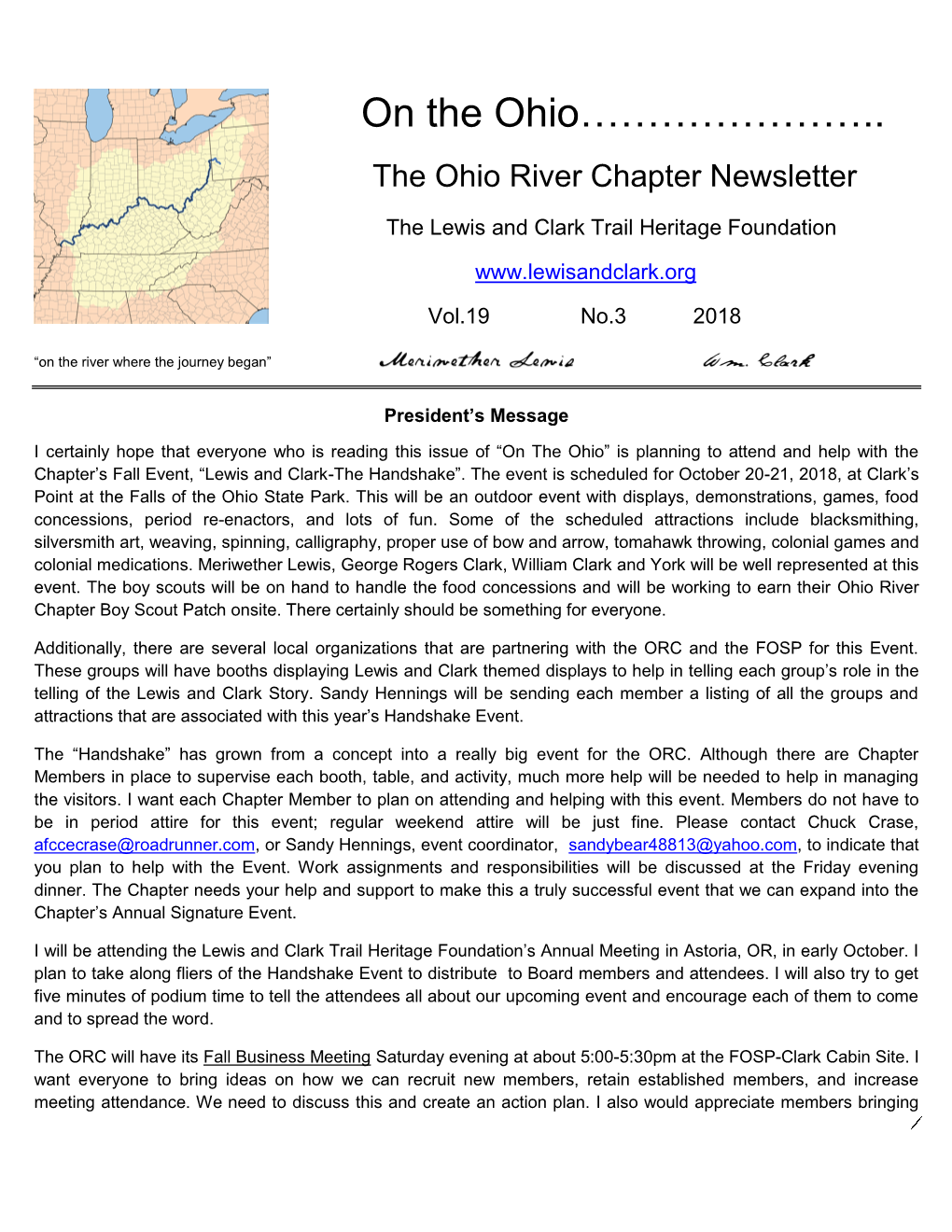 On the Ohio………………….. the Ohio River Chapter Newsletter the Lewis and Clark Trail Heritage Foundation