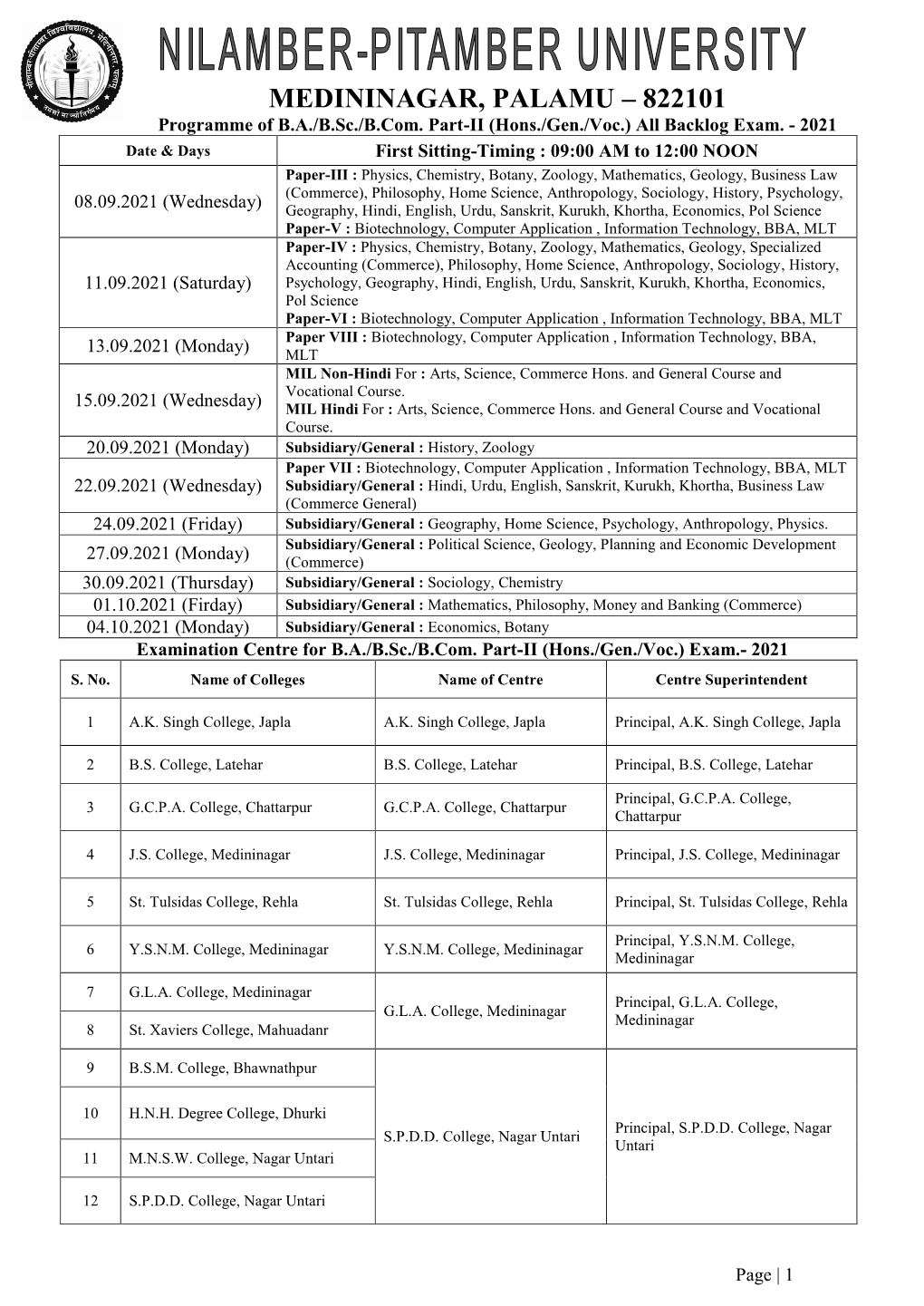 MEDININAGAR, PALAMU – 822101 Programme of B.A./B.Sc./B.Com